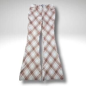 Soft Stretch, Cozy Brown + Cream Plaid Cabincore Flares Small
